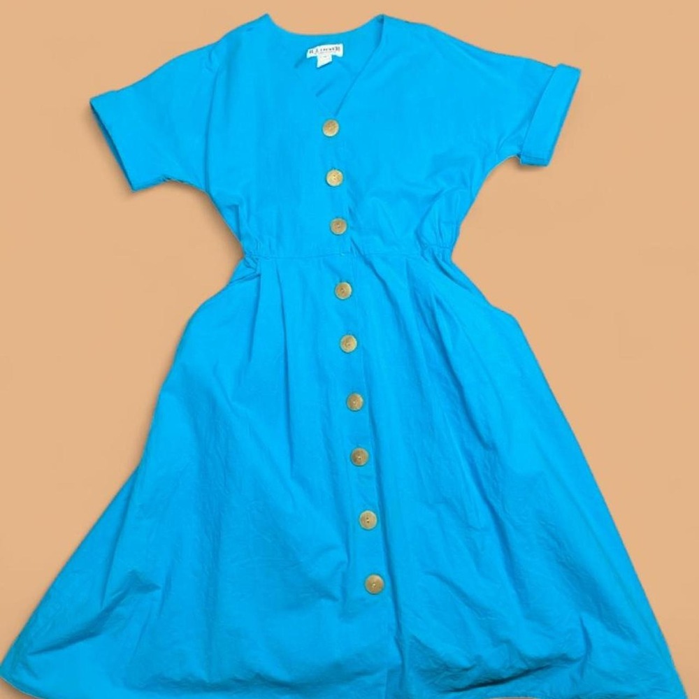 RJ Stevens Carol Escritor Vintage Cotton Dress Blue Wooden Button Midi Belted 14